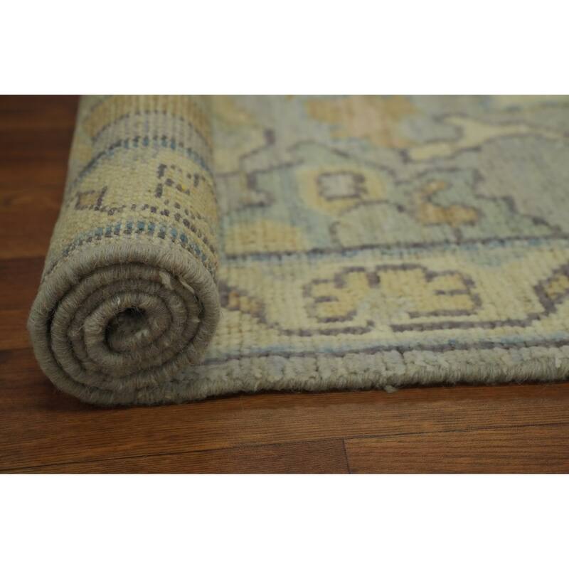Vegetable Dye Wool Oushak Turkish Runner Rug, Floral Geometric Carpet - 13' 9'' X 2' 10''