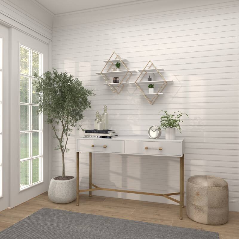 Wooden 3 Shelves Wall Shelf with Diamond Shape - Gold - Roche River Decor