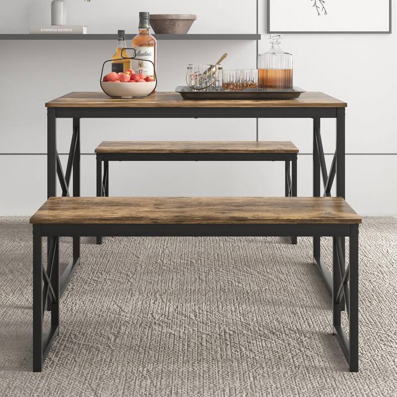 44.3" Dining Table with Benches Kitchen Table set for 4 Rectangular Dining Room Table Set with 2 Metal Wood Benches