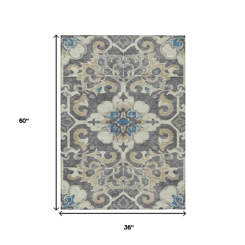 HomeRoots Damask Traditional Rectangle Outdoor Rug