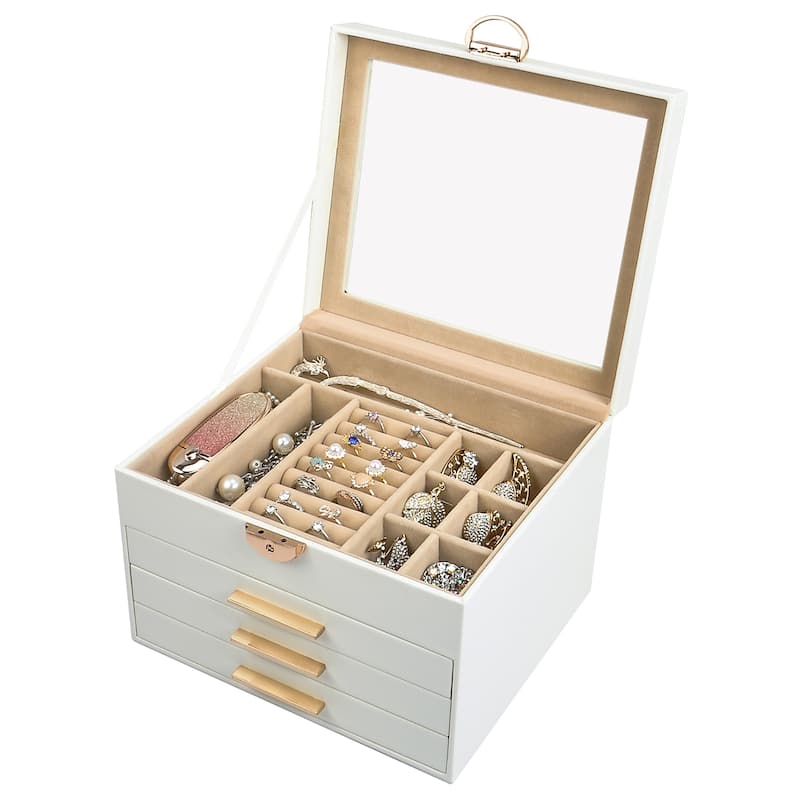 Modern White 4-Layer Jewelry Box with Glass Lid Jewelry Organizer with 3-Drawer - N/A