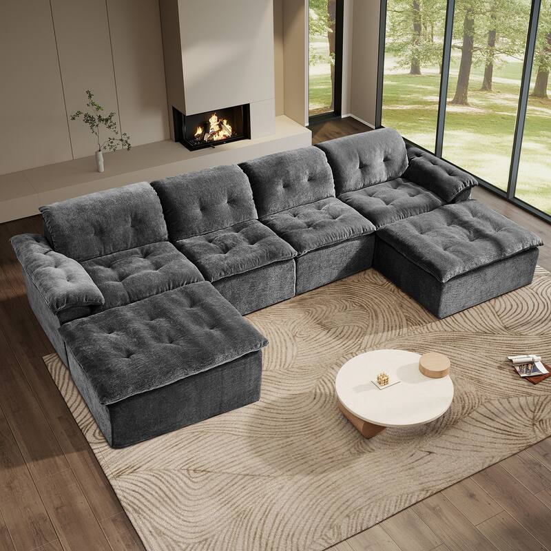 Rossetta 4-Seater Chenille Upholstery Modular Convertible Design Generous Seating Cushioned Sofa with 2 Versatile Ottomans