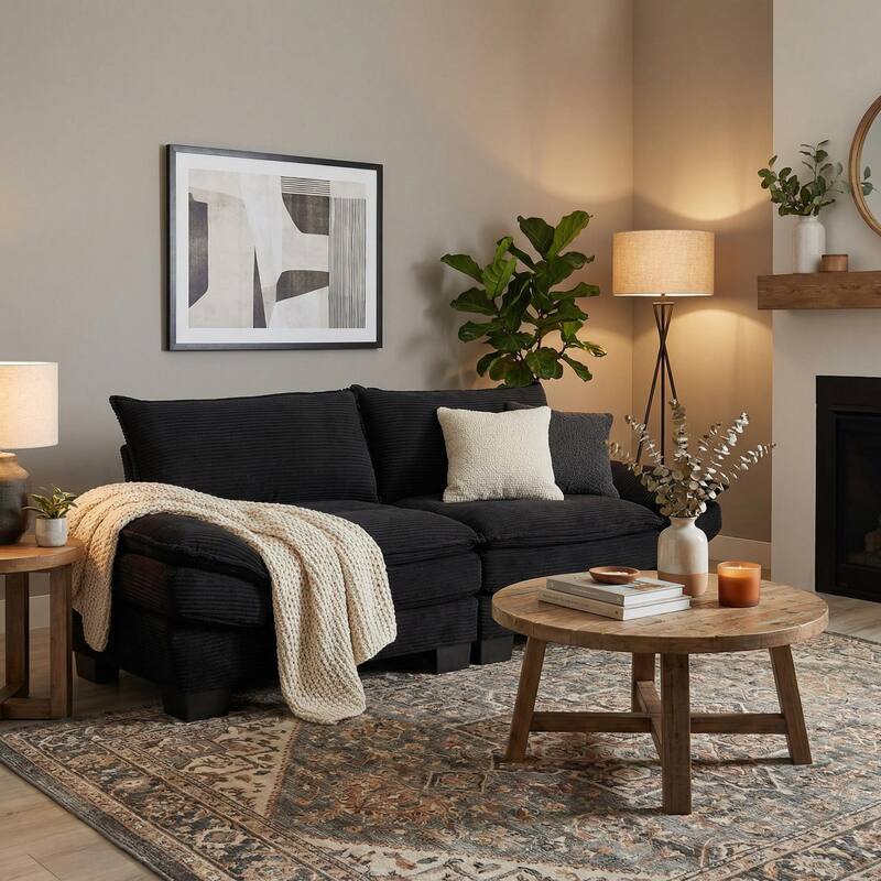 HOMYLIN 84" Black Corduroy Loveseat Sofa, 2 Seat Upholstered Couch