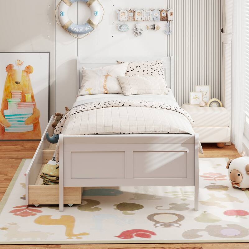 Twin Size Wooden Sleigh Platform Bed with 2 Under-Bed Drawers Included Headboard and Footboard