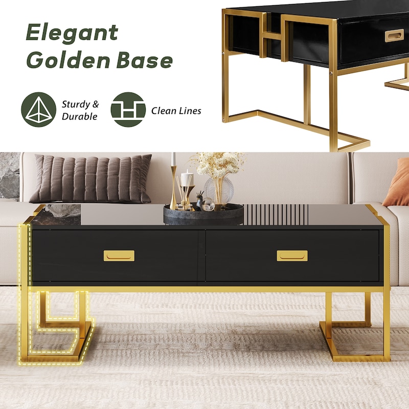 Modern Rectangular Coffee Table with 4 Drawers and Gold Base in 47.3"