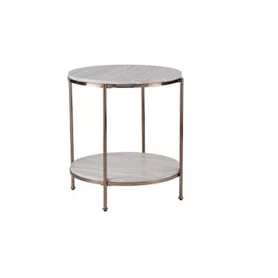 HomeRoots 24" Champagne Faux Marble And Iron Round End Table With Shelf - 22x22x24.25