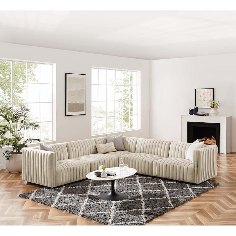 Conjure Channel Tufted Upholstered Fabric 5-Piece L-Shaped Sectional - Black Beige