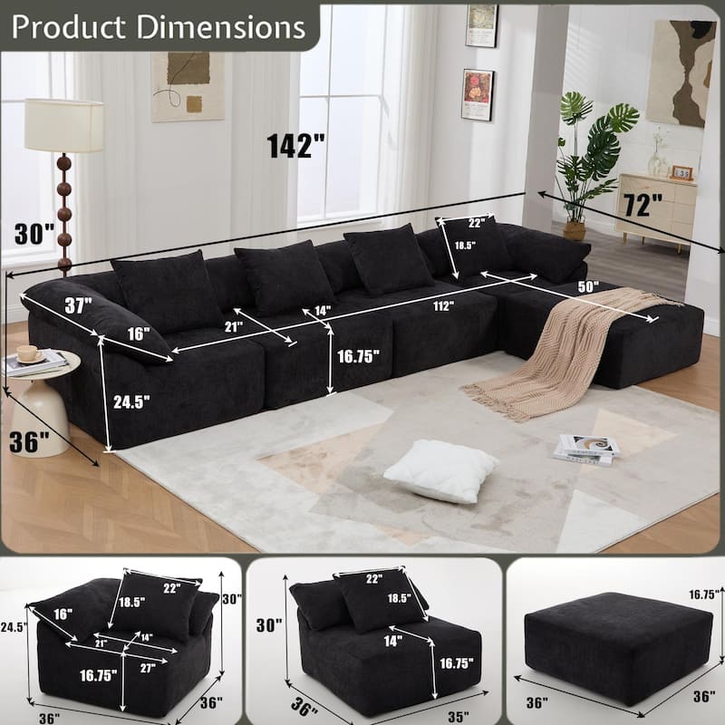 142" L Shaped Modular Sectional Sofa, 5 Piece Couch, Convertible Sleeper, Chenille, Black