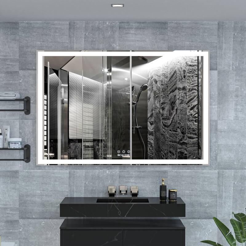Oversized LED Bathroom Wall Mounted Mirror with Advanced Features and Aluminium Frame - Silver