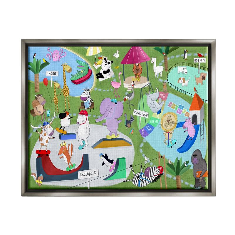Stupell Animals in Skateboard Park Framed Floater Canvas Wall Art Design by Carla Daly - 31 x 25 - Grey