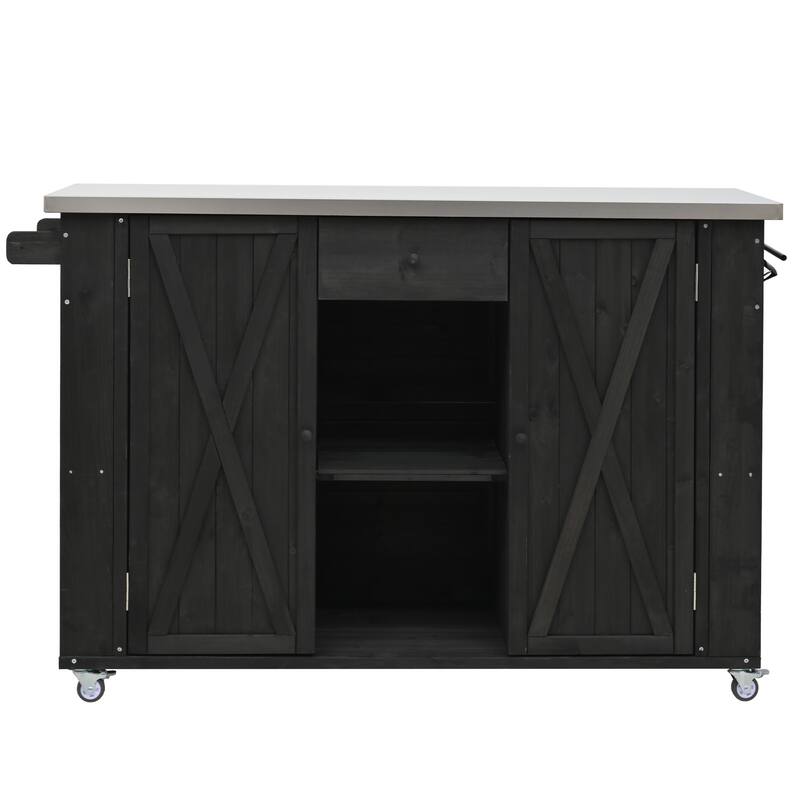 Outdoor Kitchen Island Fir Wood Kitchen Island with Stainless Steel Top, Ample Storage Space