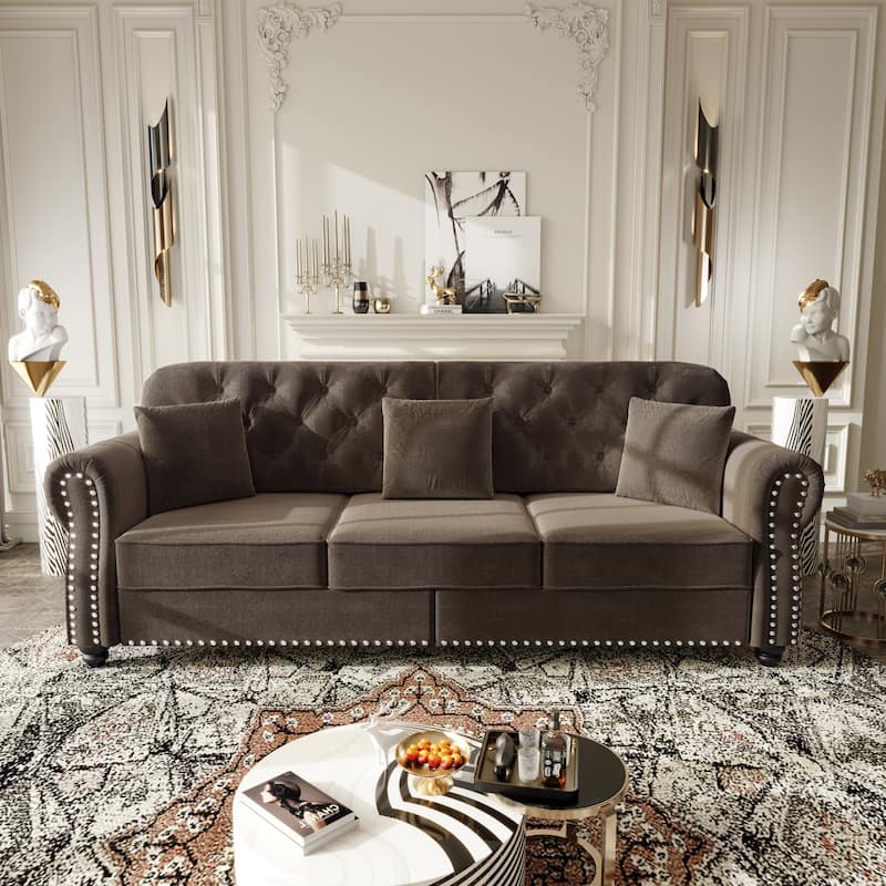 Mid Century Modern Couch, Velvet Chesterfield Sofa Button Tufted Oversized Loveseat Sofa with Nailhead Trim & Roll Armrests