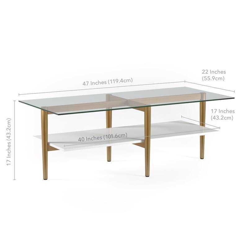47" Gold Glass Coffee Table with Steel Base and Storage Shelf for Living Room - 47” x 22” x 17”