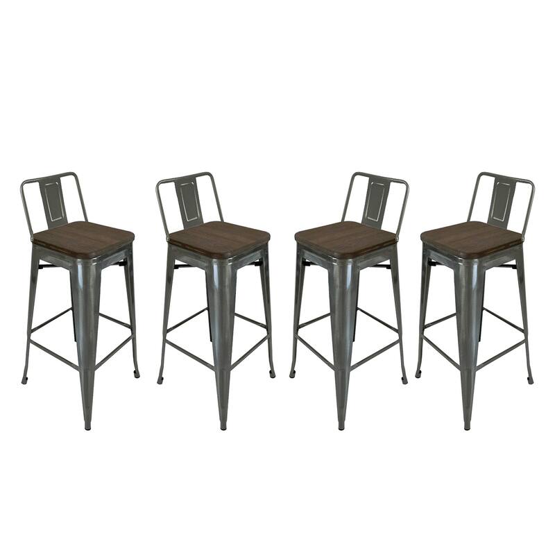 Set of Four 30" Brown And Gray Solid Wood And Metal Low Back Bar Height Bar Chairs