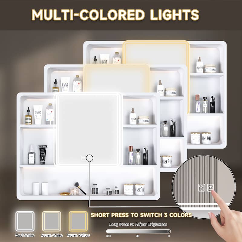Aluminium Medicine Cabinet Mirror, 35 x 28 Inches Medicine Cabinet with 3 Colors LED Light and Defogging Function