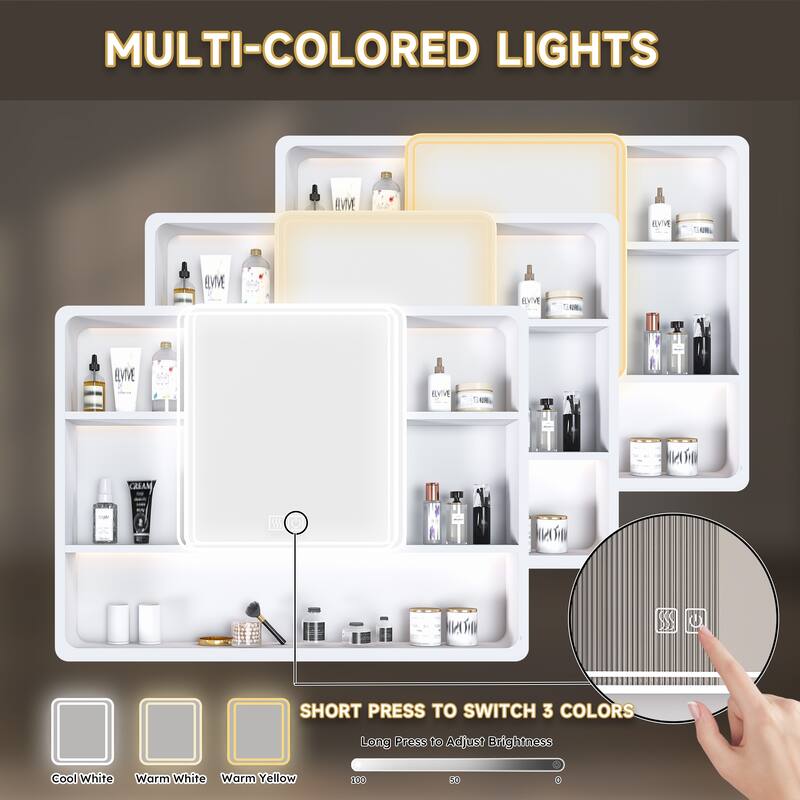 Bathroom Mirror Cabinet with LED Lights & Defogging Function, Aluminium Medicine Cabinet with Storage Rack & Hair Dryer Holder