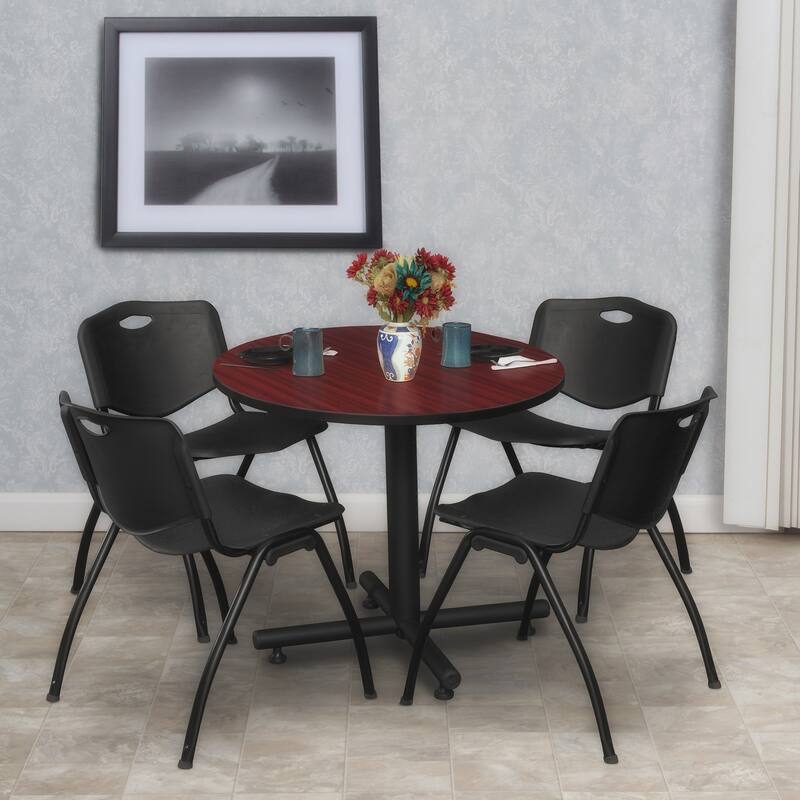 30 in. Round Breakroom Table- Mahogany & 4 'M' Stack Chairs- Black