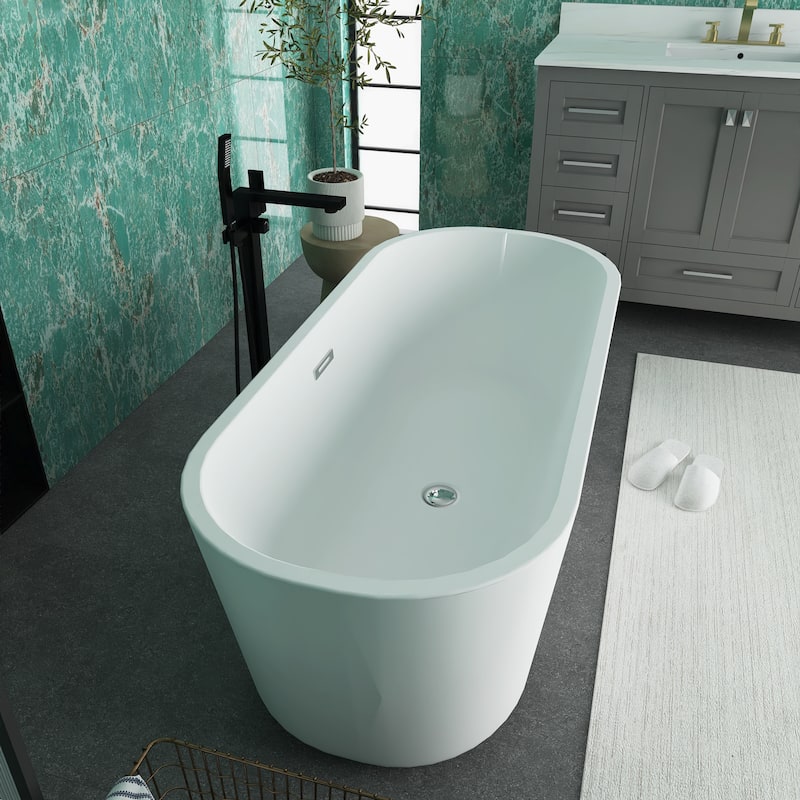 60"/63"/67" Acrylic Freestanding Soaking Bathtub in White with Drain
