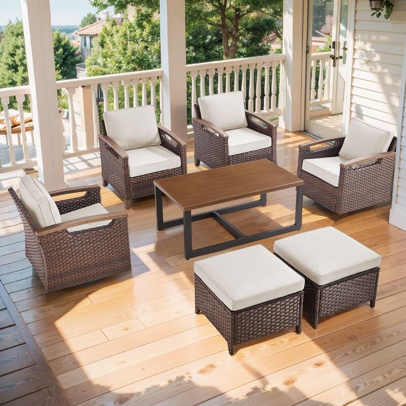 Pocassy Outdoor Swivel Chair with Cushion Set - Beige Cushion - Swivel Chairs with Club Chair Ottomam Table Set