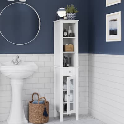 RiverRidge Prescott Tall Bathroom Storage Linen Cabinet and Organizer with Drawer, Glass Door, and Shelves - White