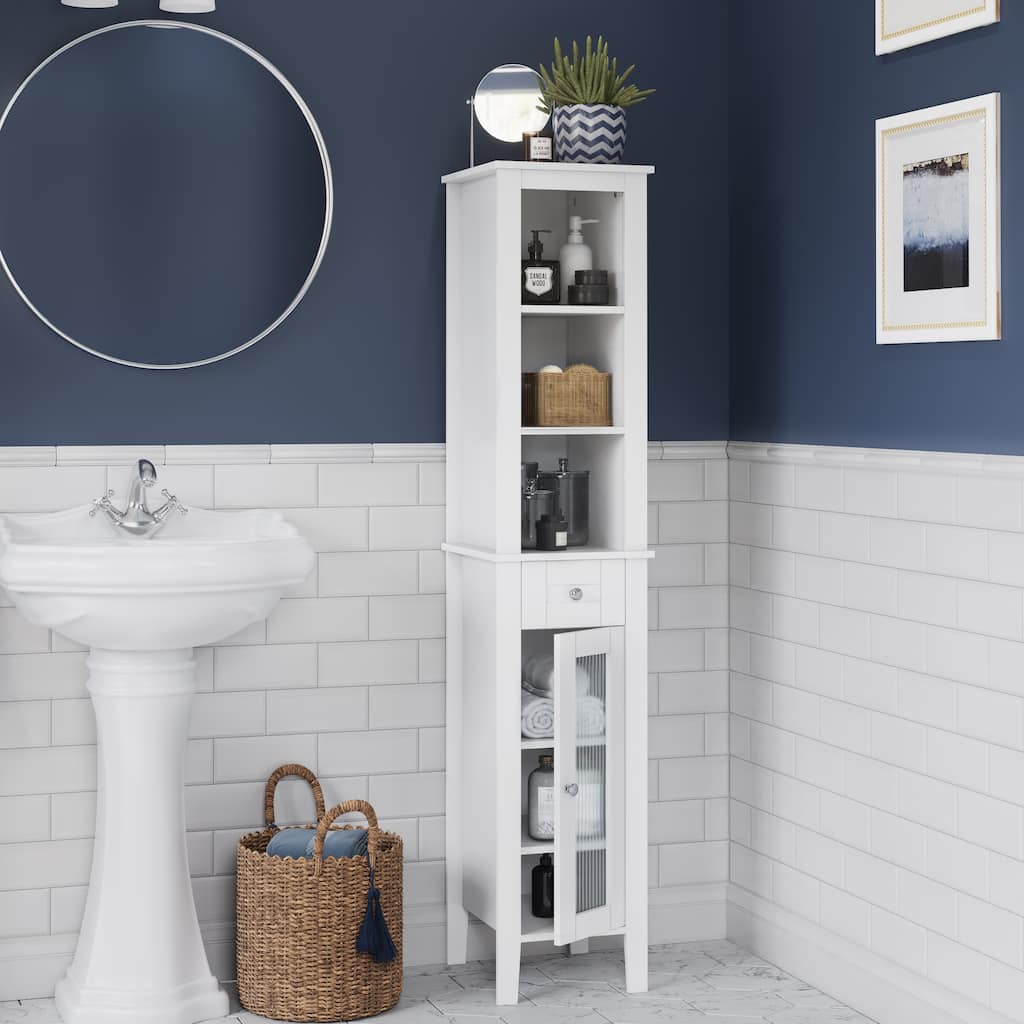 RiverRidge Prescott Tall Bathroom Storage Linen Cabinet and Organizer with Drawer, Glass Door, and Shelves - White