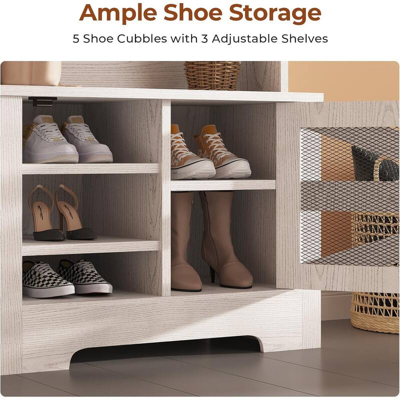 Hall Tree w/ Bench Shoe Storage Shoe Cubby Barn Door Adjustable Shelf