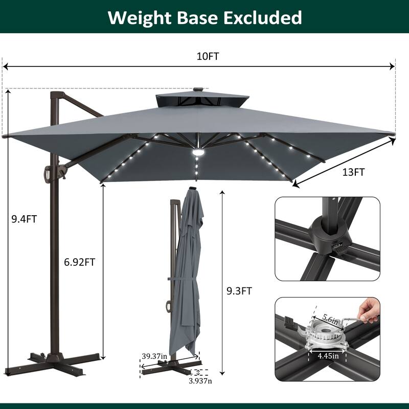 10 X 13 FT Outdoor Patio Cantilever Umbrella with Solar Lights Double Canopy 360 RotationTilt