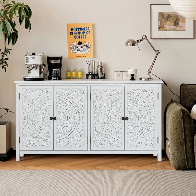 Accent Cabinet with 4 Doors, Rustic Wood Sideboard - Antique White