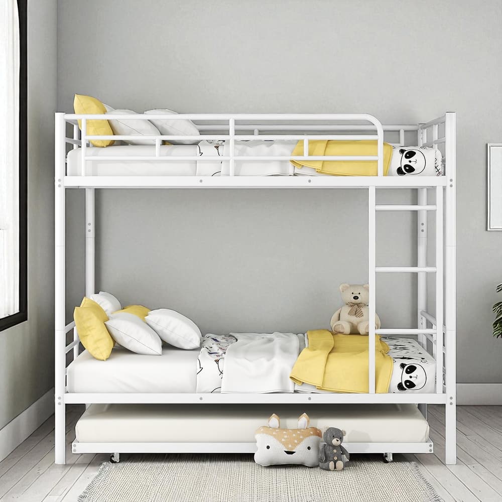 Full Over Full / Full XL Over Queen Metal Bunk Bed with Trundle, Convertible Design and Guardrails
