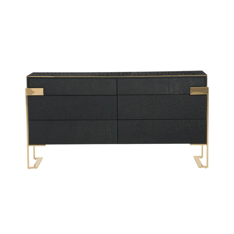 Cid Ruth 60 Inch Dresser, 6 Drawers, Wenge Brown Oak Veneer, Gold Steel