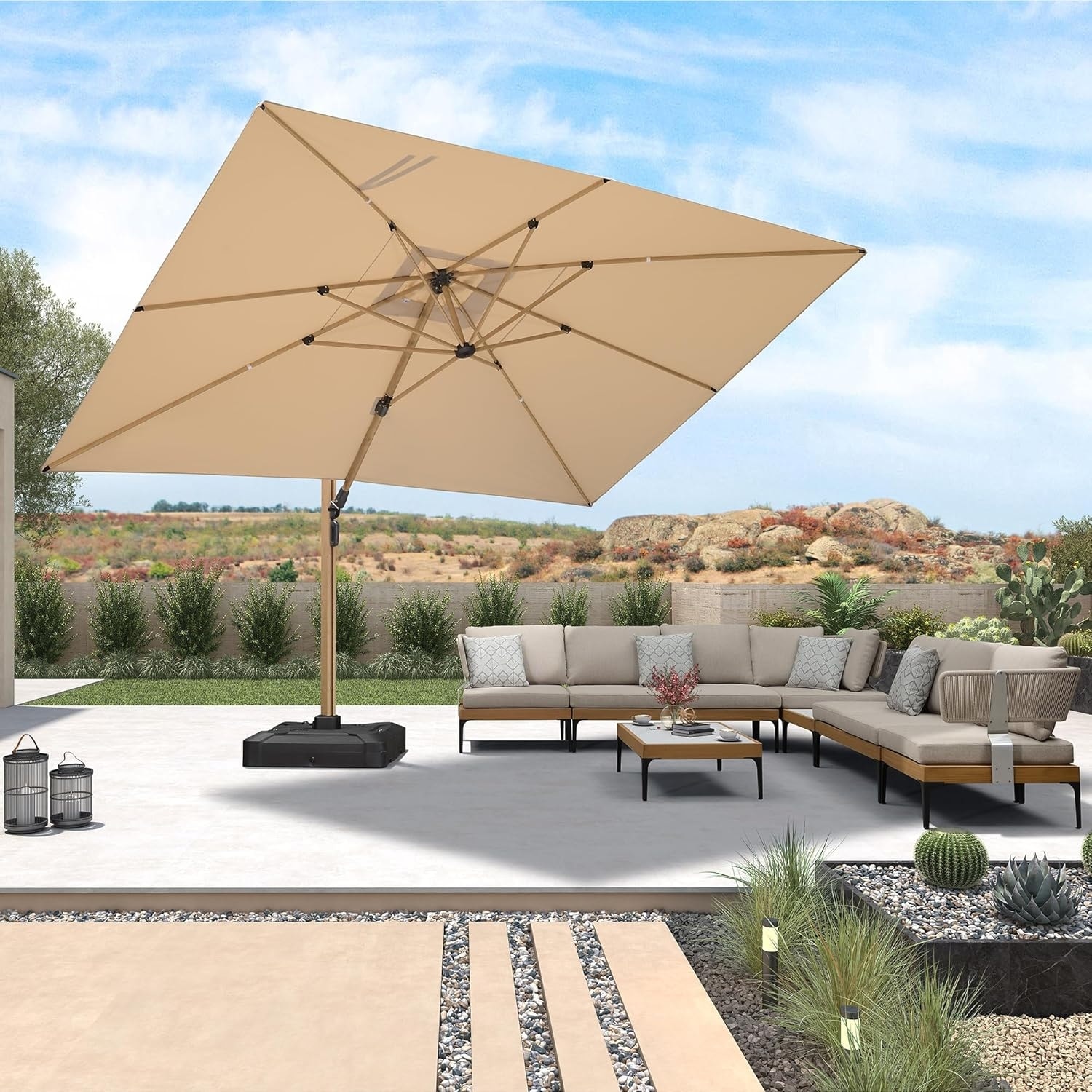 canvas barcelona triple-tier patio umbrella beige 11-ft Cantilever | Wind Resistant, 360 Rotation | Commercial Grade | Sunbrella Antique and more Astella 11 ft. Aluminum Market