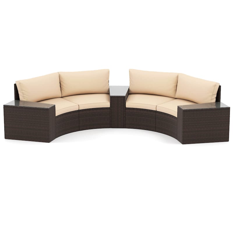 5 PCS Patio Furniture Set PE Rattan Half-Moon Curved Sectional Sofas - Beige+Mix Brown