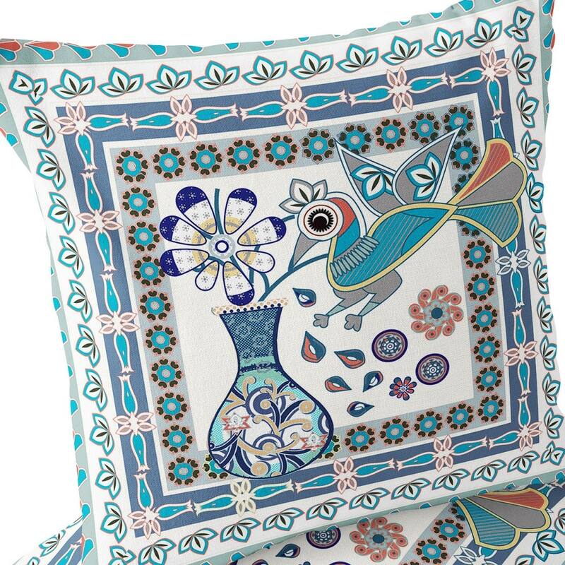HomeRoots Set of Two 16" X 16" Blue and Off White Peacock Blown Seam Floral Indoor Outdoor Throw Pillow