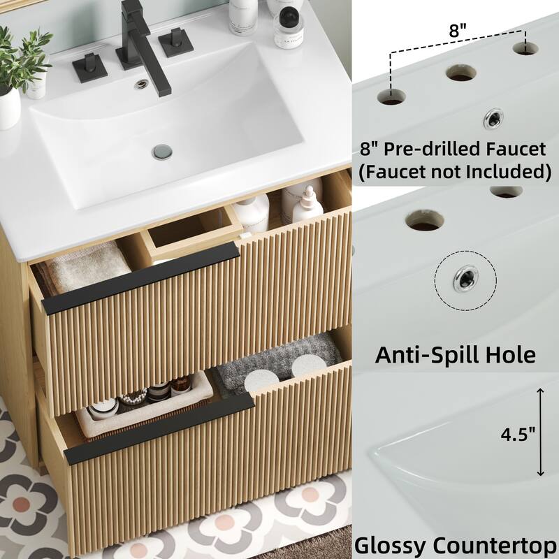 30" Bathroom Vanity with Ceramic Sink and Full-Extension Drawers, Soft Close Undermount Drawer Slides, Fluted Design, Natural