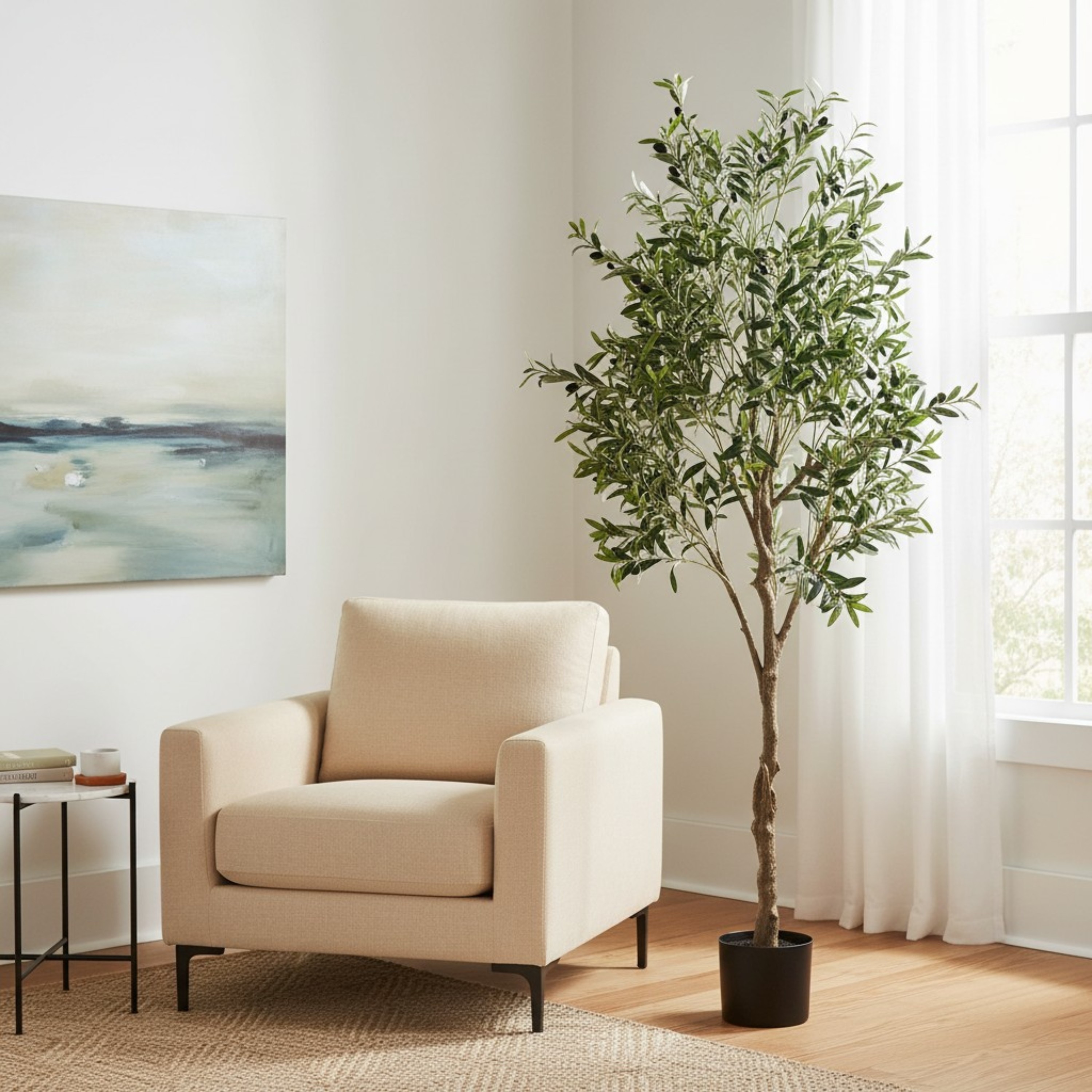 Evergreen 7-Foot Artificial Olive Tree in Black Nursery Pot with Realistic Leaves and Faux Olive Accents