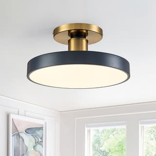 Modern Brass Blue Round LED Semi Flush Ceiling Light 15.7in