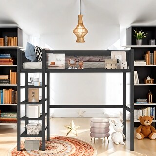 Modern Style Twin Size Metal Loft Bed with 4-Tier Shelves and Storage ...