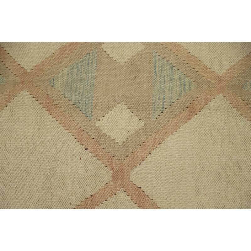 Hand Woven Oriental 100% Wool Carpet Southwestern Tribal Beige & Ivories Kilim Area Rug - 9' 8'' X 6' 5''