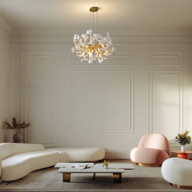 Modern Ginkgo Leaf Ceramic Chandelier, Moon Ring Round Pendant Light, D550-D1200, Gold Finish