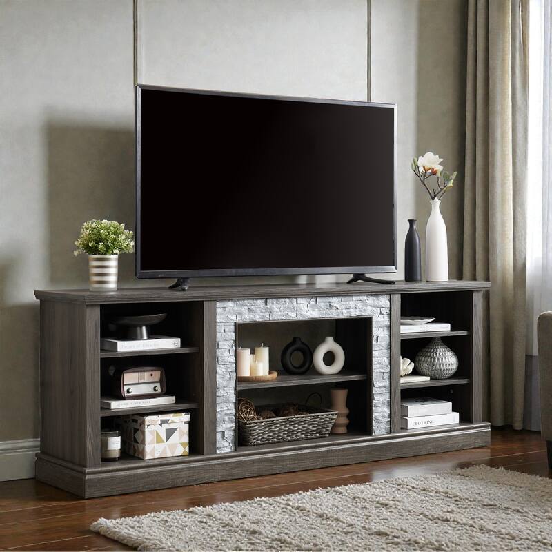 70 Inch TV Stand for TVs up to 75 Inch, Media Console with Faux Stacked Stone Surround, Storage Cabinet & Cable Management