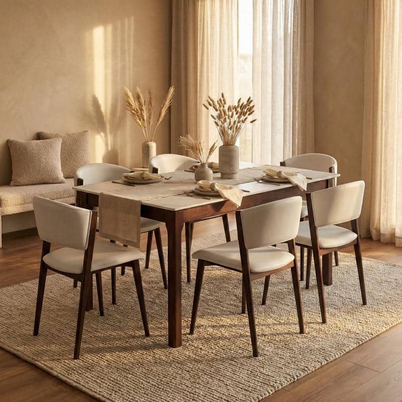 Mina Sintered Stone Rectangular Dining Table - Modern Scratch & Heat Resistant Kitchen Table with Solid Rubberwood Legs