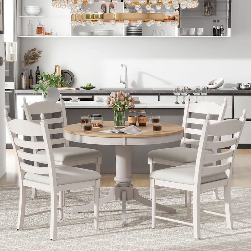 Retro 5-Piece Dining Table Set with Extendable Round Table and Upholstered Chairs for Elegant Dining