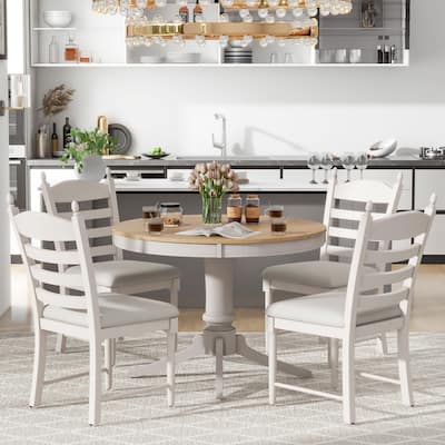 Retro 5-Piece Dining Table Set with Extendable Round Table and Upholstered Chairs for Elegant Dining