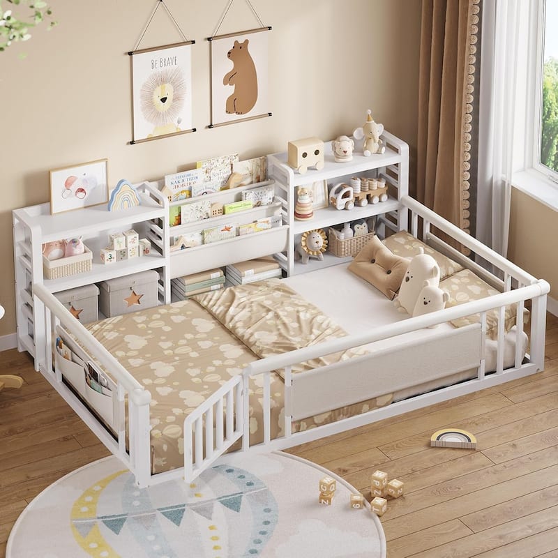 Twin Floor Bed for Kids with High Fence Door Storage Bookcase & Shelf - White