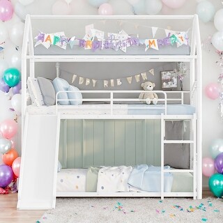 Twin Over Twin Metal Bunk Bed With Slide,Kids House Bed