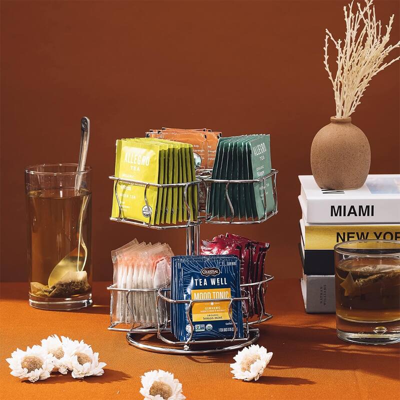 2-Tier Tea Bag Spinning Carousel Organizer, Revolving Countertop Storage for Pantry, Holds Up to 60 Large Tea Bags