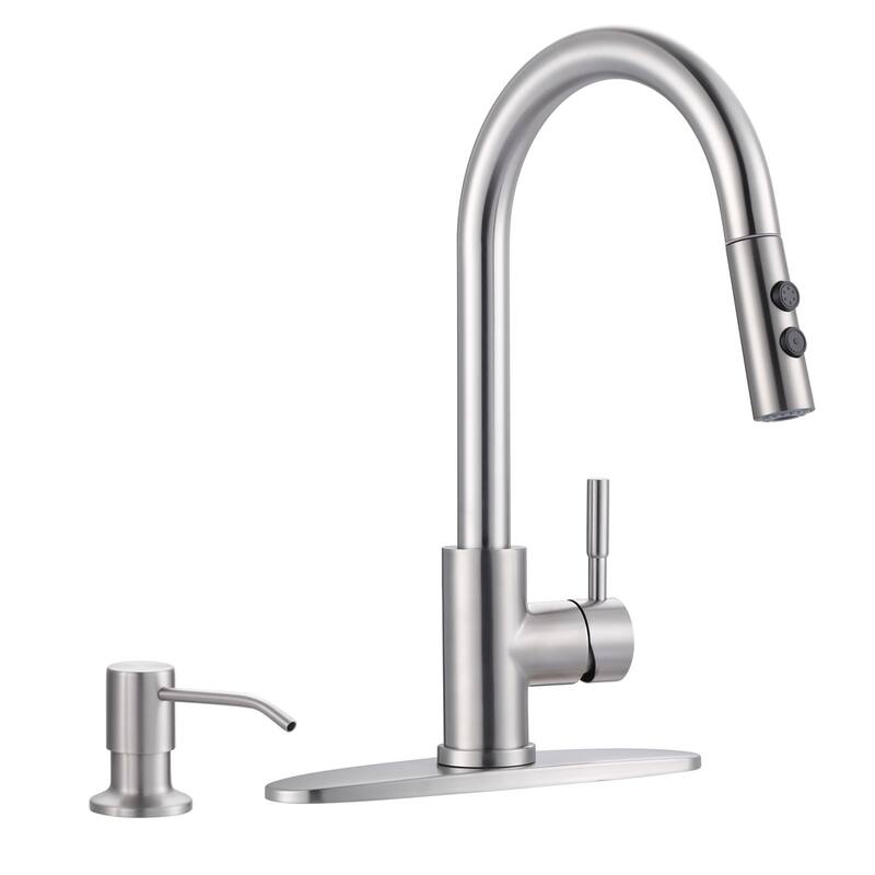 WOWOW Single Handle Pull Down Sprayer Kitchen Faucet - With Soap Dispenser - Brushed Nickel
