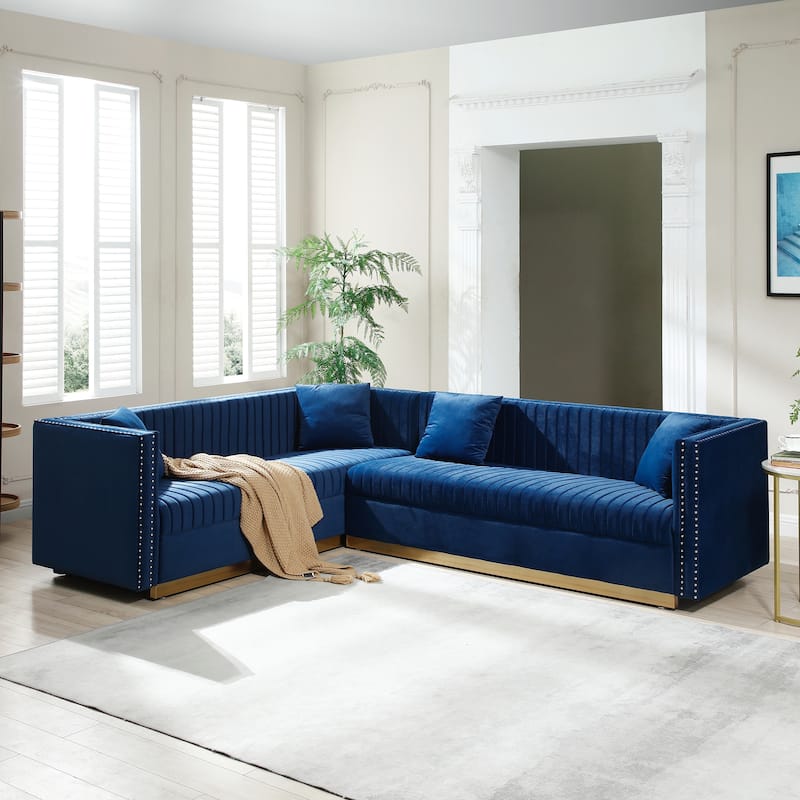 Velvet Channel Tufted L-Shaped Sectional Sofa with Nailhead Trim