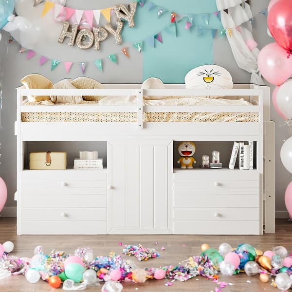 slide 2 of 14, Twin Size Elegant Loft Bed With 4 Drawers,Underneath Cabinet and Shelves,Sturdy Frame White