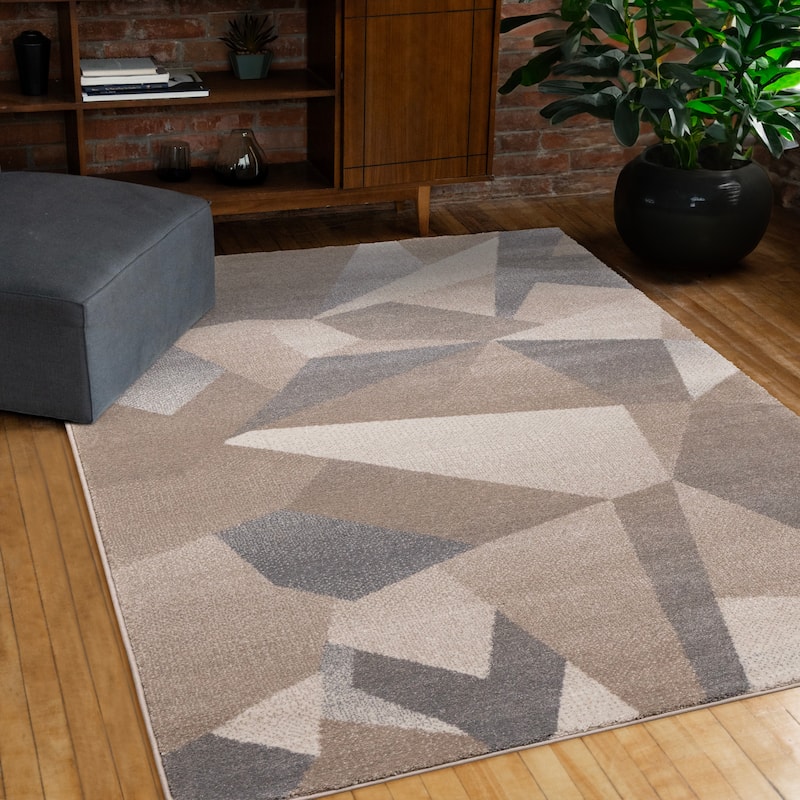 Taupe Beige Grey White Shattered Geometric Dense High-Traffic Rug